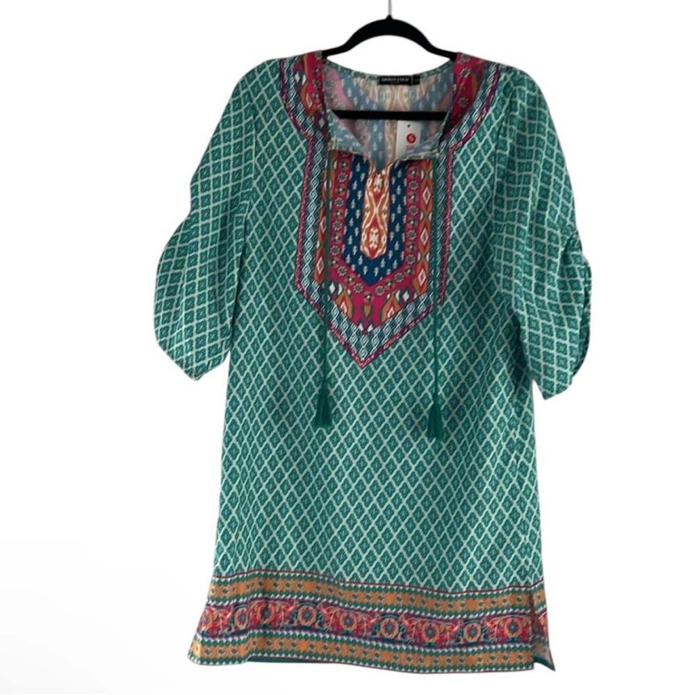 NWT Urban Coco Floral Aztec Diamond Boho Bohemian Kaftan Mini Beach Dress Sz S